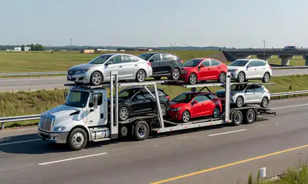 Multi-level car carrier on the highway to Brockton, Massachusetts, United States