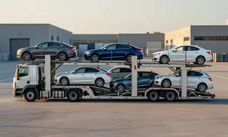 Car transporter parked in an industrial area of Brockton, Massachusetts, United States