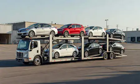 Car transporter loaded with vehicles in Brockton, Massachusetts, United States