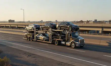 Car transporter with the Brockton, Massachusetts, United States skyline behind it