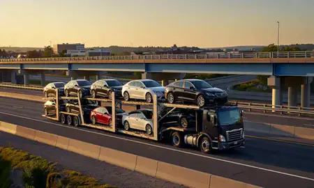 Car transporter with the Cambridge, Massachusetts, United States skyline behind it