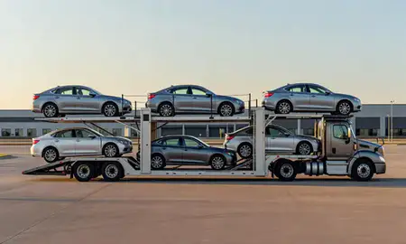 Car transporter parked in an industrial area of Chicopee, Massachusetts, United States
