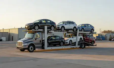 Car transporter loaded with vehicles in Chicopee, Massachusetts, United States