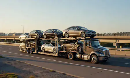 Car transporter with the Chicopee, Massachusetts, United States skyline behind it