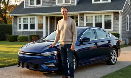Customer with their delivered car in Everett, Massachusetts, United States