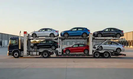 Car transporter parked in an industrial area of Everett, Massachusetts, United States