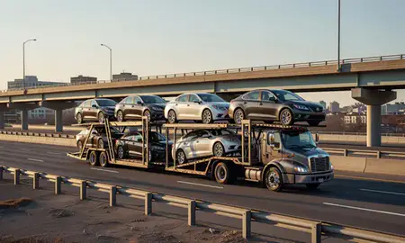 Car transporter with the Everett, Massachusetts, United States skyline behind it