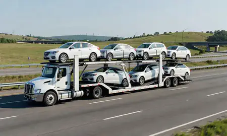 Multi-level car carrier on the highway to Fall River, Massachusetts, United States