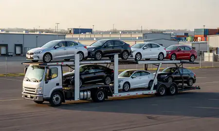 Car transporter loaded with vehicles in Fall River, Massachusetts, United States