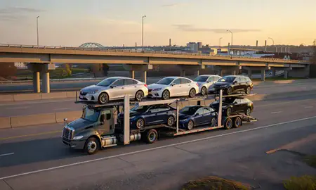 Car transporter with the Fall River, Massachusetts, United States skyline behind it