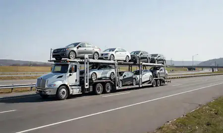 Multi-level car carrier on the highway to Fitchburg, Massachusetts, United States