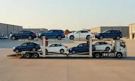 Car transporter parked in an industrial area of Fitchburg, Massachusetts, United States