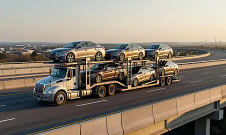 Car transporter with the Fitchburg, Massachusetts, United States skyline behind it