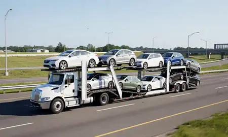Multi-level car carrier on the highway to Framingham, Massachusetts, United States