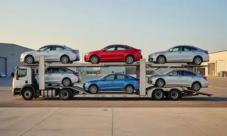 Car transporter parked in an industrial area of Framingham, Massachusetts, United States