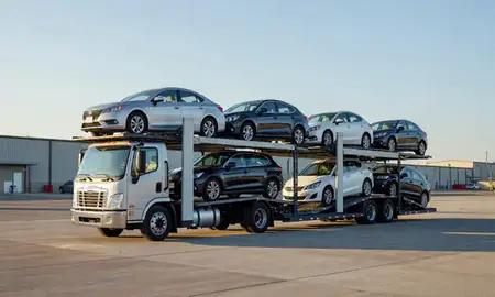 Car transporter loaded with vehicles in Framingham, Massachusetts, United States