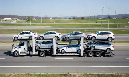 Multi-level car carrier on the highway to Haverhill, Massachusetts, United States