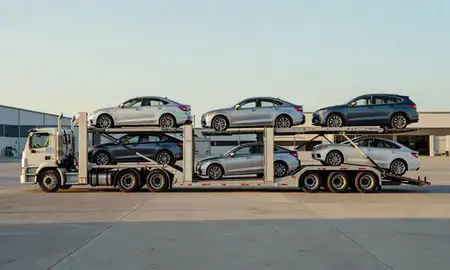 Car transporter parked in an industrial area of Haverhill, Massachusetts, United States