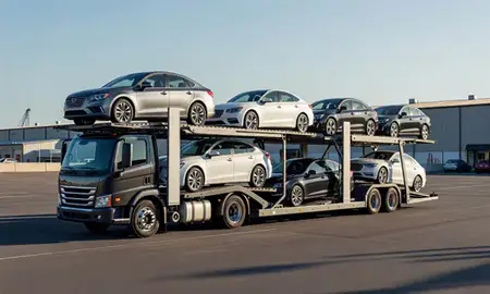 Car transporter loaded with vehicles in Haverhill, Massachusetts, United States