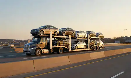 Car transporter with the Haverhill, Massachusetts, United States skyline behind it