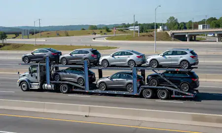 Multi-level car carrier on the highway to Lawrence, Massachusetts, United States