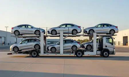 Car transporter parked in an industrial area of Lawrence, Massachusetts, United States