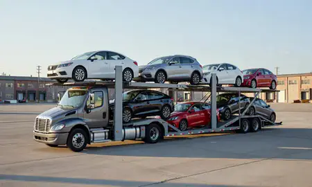 Car transporter loaded with vehicles in Lawrence, Massachusetts, United States