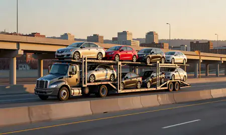Car transporter with the Lawrence, Massachusetts, United States skyline behind it