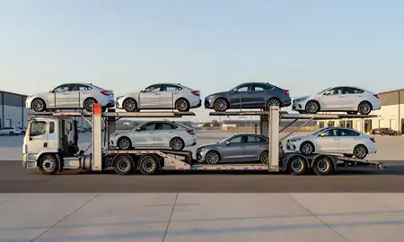 Car transporter parked in an industrial area of Leominster, Massachusetts, United States