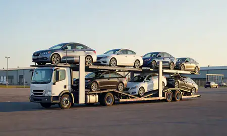 Car transporter loaded with vehicles in Leominster, Massachusetts, United States
