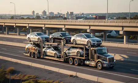 Car transporter with the Leominster, Massachusetts, United States skyline behind it
