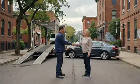 Vehicle owner beside their delivered car in Lowell, Massachusetts, United States