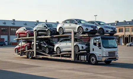 Car transporter loaded with vehicles in Lowell, Massachusetts, United States