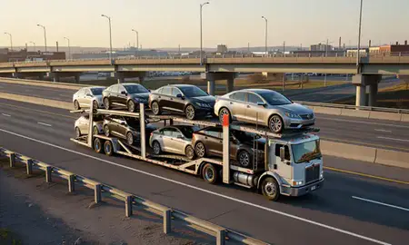 Car transporter with the Lowell, Massachusetts, United States skyline behind it