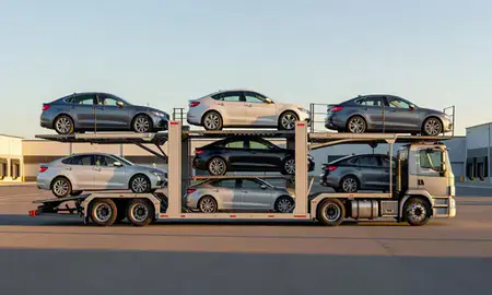 Car transporter parked in an industrial area of Lynn, Massachusetts, United States