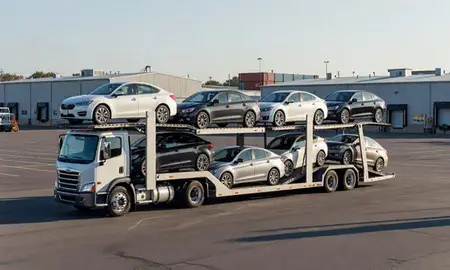 Car transporter loaded with vehicles in Lynn, Massachusetts, United States