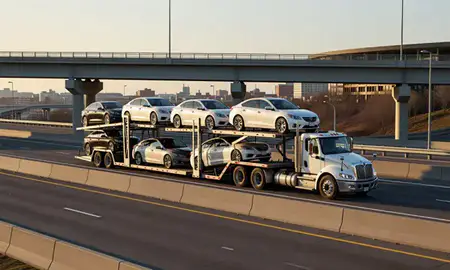 Car transporter with the Lynn, Massachusetts, United States skyline behind it