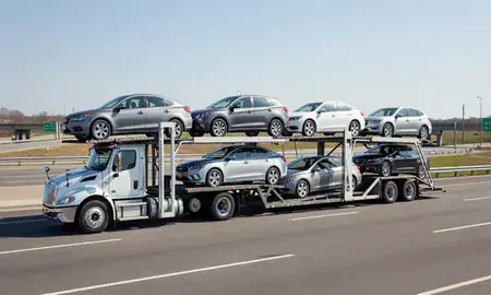 Multi-level car carrier on the highway to Malden, Massachusetts, United States