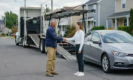 Vehicle owner beside their delivered car in Malden, Massachusetts, United States