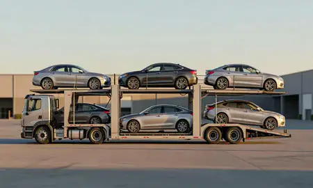 Car transporter parked in an industrial area of Malden, Massachusetts, United States