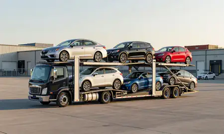 Car transporter loaded with vehicles in Malden, Massachusetts, United States