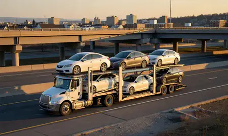 Car transporter with the Malden, Massachusetts, United States skyline behind it