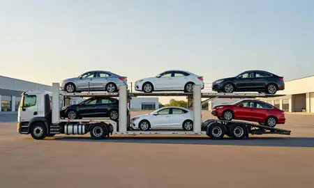 Car transporter parked in an industrial area of Medford, Massachusetts, United States