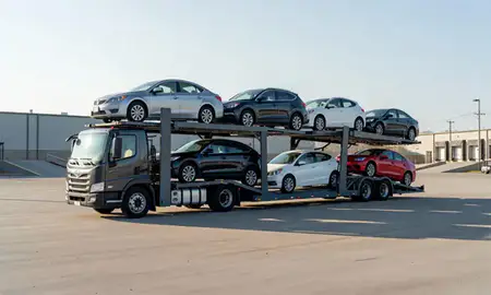 Car transporter loaded with vehicles in Medford, Massachusetts, United States