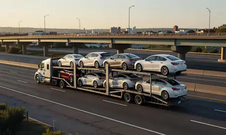 Car transporter with the Medford, Massachusetts, United States skyline behind it