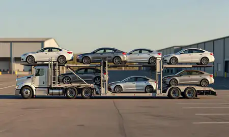 Car transporter parked in an industrial area of Methuen Town, Massachusetts, United States