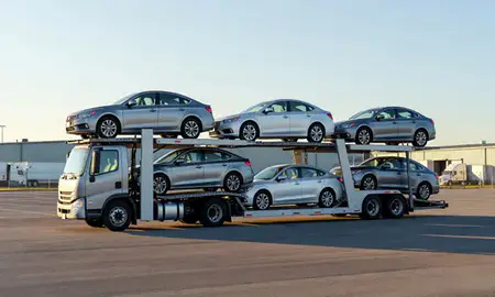 Car transporter loaded with vehicles in Methuen Town, Massachusetts, United States