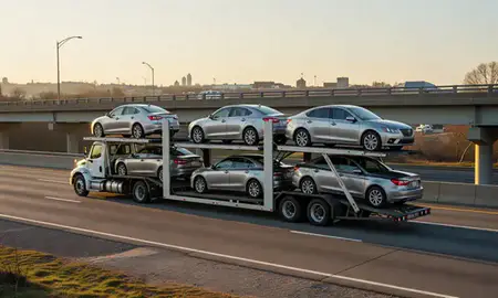 Car transporter with the Methuen Town, Massachusetts, United States skyline behind it