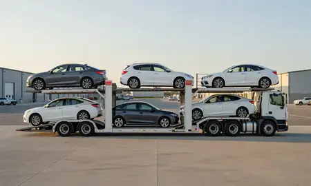 Car transporter parked in an industrial area of New Bedford, Massachusetts, United States