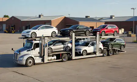 Car transporter loaded with vehicles in New Bedford, Massachusetts, United States